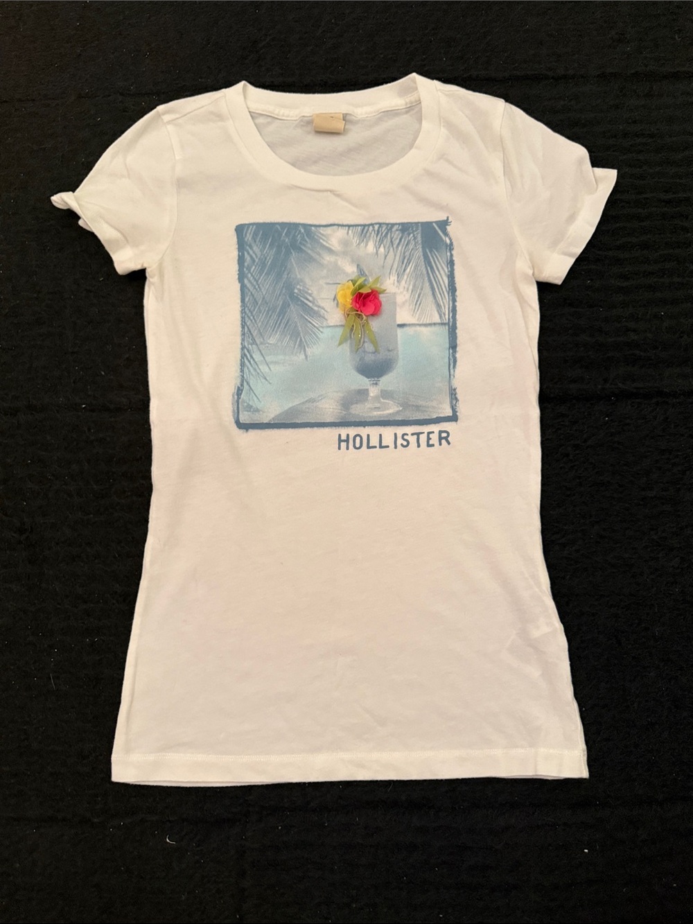 Hollister White Short Sleeve Tee with Blue Tropical Print and Pink Accent